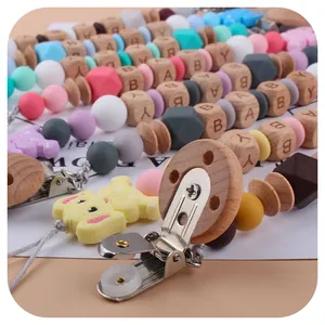 Baby silicone elephant teether and pacifier clip with alphabet wooden beads chain