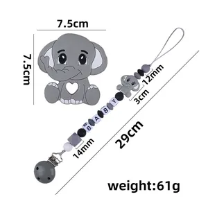 Silicone elephant baby teether set with pacifier clip and gray beads measuring 29cm long