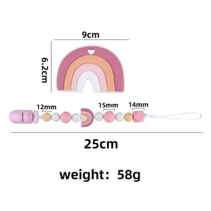 Set dentizione arcobaleno in silicone con catenella portaciuccio rosa per neonati