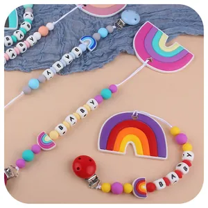 Cadena de chupete de silicona arcoíris con cuentas de colores y letras para bebés