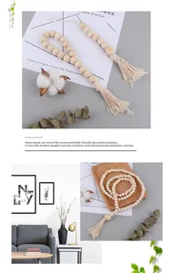 Detail of wooden bead tassel tieback with natural lotus wood beads and cotton fringe decor