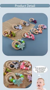 Detail view of colorful silicone star teether bracelet with dual natural wood rings