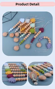 Close-up of silicone leaf pacifier clips with beech wood beads in multiple colors