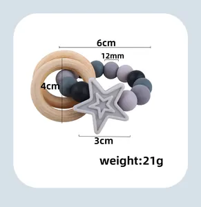 Detailed dimensions of star silicone baby teether with wood rings and colorful beads
