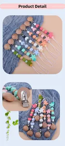 Detail of baby pacifier clip with star silicone beads and natural wooden textures