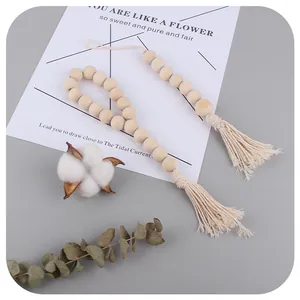 Boho wood bead curtain tiebacks with heart engraving and cotton tassels for home decor