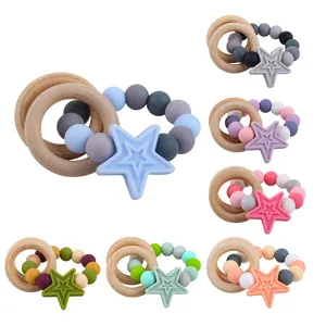 Baby Silicone Beech Wood Star Teether Ring Toy BPA Free Sensory Grasping Bracelet For Infants Toddlers Nursing Teething Relieve Toys