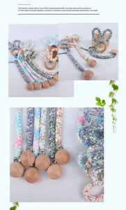Détail d'attache-tétine artisanal en hêtre avec corde en coton tissé et oreilles de lapin