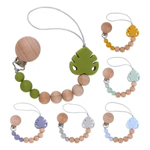 Beech Wood Silicone Baby Pacifier Clip Teether Chain Monstera Leaf Anti-Drop Soother Holder For Infants Teething Toy