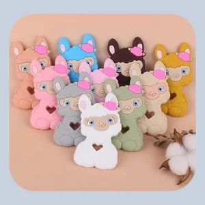 Detailed grid of silicone sheep baby teethers in ten assorted pastel colors