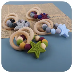 Silicone star teething bracelets with wooden rings for babies in five stylish colors