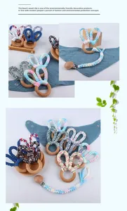 Handmade beech wood teething ring and cotton bunny ear pacifier clip set for babies