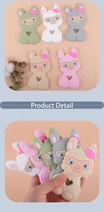 Detail of five colorful silicone alpaca baby teethers with textured wool and heart grips