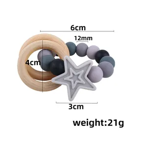 Baby silicone teething bracelet with wood rings and pentagram star pendant