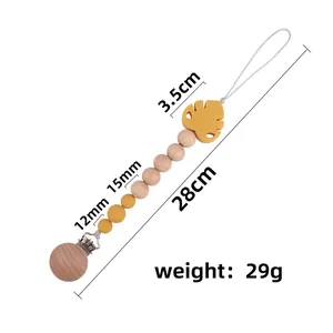 Baby silicone leaf pacifier clip made with beech wood beads and metal buckle, 28cm length