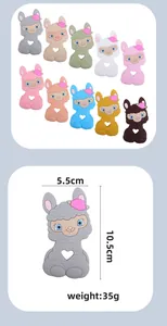 Detail showing 10 colors of sheep silicone baby teethers with size and weight info
