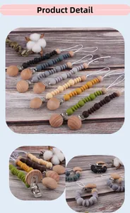 Close-up of silicone pacifier clips with colorful beads and beech wood metal fasteners