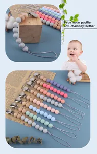 Detail of Morandi-colored silicone beads and metal clip on baby pacifier chain