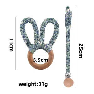 Set anneau de dentition bébé en hêtre et attache-tétine motif floral vert
