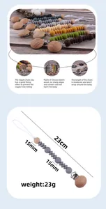 Silicone and beech wood baby pacifier clip showing 23cm length and 15mm bead size detail