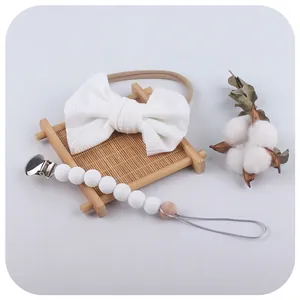 Bandeau à Nœud pour Bébé Et Attache-tétine en Perles de Silicone en Bois de Hêtre Accessoire de Coiffure Apaisant pour Nouveau-nés Garçons Filles