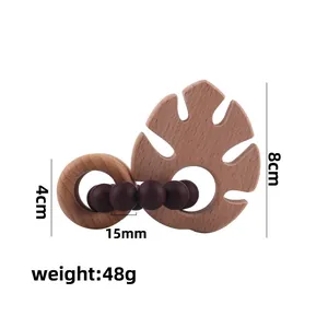 Bracelet de dentition bébé avec feuille en hêtre et perles en silicone brun, 8cm et 48g