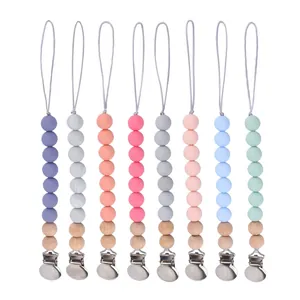 Silicone Beech Wood Beads Pacifier Clip Chain For Baby Soothing Teether Toy Strap Anti-Drop Holder Leash For Infants