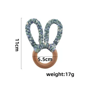 DIY handmade beech wood baby teether ring with cotton rabbit ear decoration