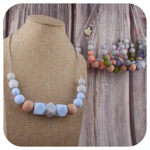 Food Grade Silicone Beech Wood Baby Teething Necklace Geometric Hexagon Beads BPA Free Soothing Teether Pendant Nursing Jewelry For Infants