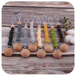 Silicone Bead Pacifier Clip Beech Wood Chain For Baby Soothing Teething Binky Holder For Boys Girls Newborn Shower Gift
