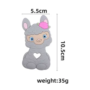 Grey cartoon sheep silicone baby teether with heart cutout and dimension markings