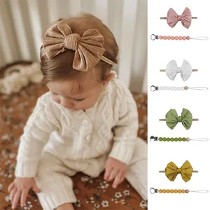 Ensemble bandeau bébé à nœud et attache-tétine en silicone en couleurs Morandi