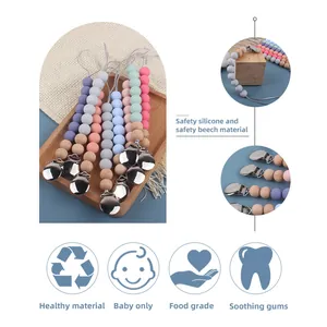 Pastel silicone and beech wood baby pacifier clips set with secure stainless steel clamp