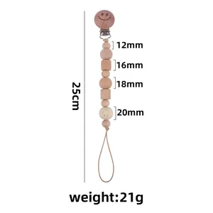 Beech wood baby pacifier clip with cartoon beads and smile face clip, 25cm length