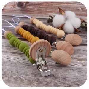 Silicone baby pacifier clips set with natural beech wood and food-grade beads