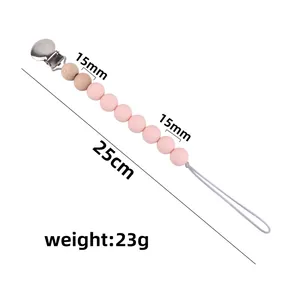 Silicone pacifier clip with metal duckbill clasp and pink beads 25cm length