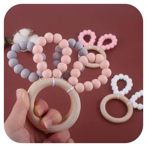 Handmade baby teether ring with natural beech wood and food grade silicone beads