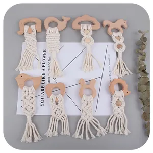 Anneau de Dentition Bébé en Bois de Hêtre avec Corde en Coton Tissée à la Main Jouet de Dentition Style Nordique Macramé à Glands pour Nourrissons