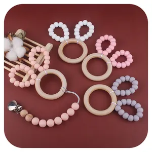 DIY baby wooden teether ring set with silicone beads rabbit ears and pacifier clip
