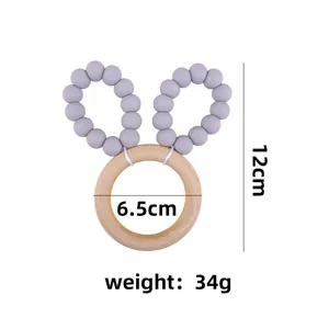 Baby silicone bunny ear teether toy with natural beech wood ring 12cm height