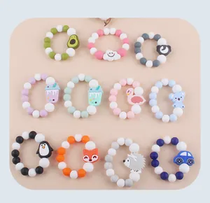 Detailed collection of 11 colorful silicone baby teething bracelets with cartoon animals