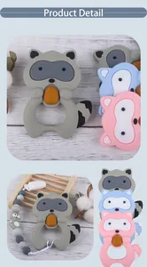 Detailed view of raccoon silicone baby teether with grip hole and beaded safety clip