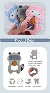 Flexible food-grade silicone raccoon teethers for baby gum soothing in three colors