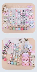 Detailed view of silicone bunny teether and pacifier clip in soft macaron colors