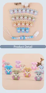 DIY baby pacifier chain with silicone rabbit beads in soft blue, green and pink hues