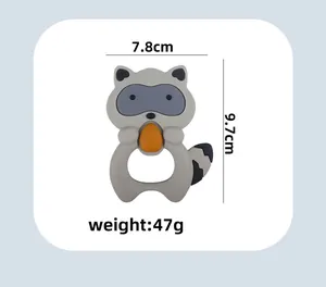 Gray silicone raccoon baby teether showing dimensions 7.8cm by 9.7cm and 47g weight