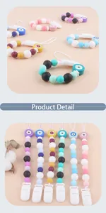 Detail view of silicone baby pacifier clips in six colors with evil eye beads and clips