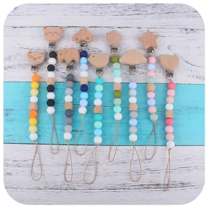 Beukenhout Siliconen Baby Speenkoord Bijtring Set Schattig Dier Hart Auto Ster Wolk Vogel Vos Olifant Cactus Kralen Ketting