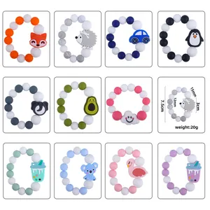 Cartoon Animal Baby Silicone Teether Bracelet Food Grade Teething Beads Ring For Infant Toddler Chew Toy Gift