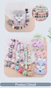 Detail view of silicone baby pacifier clips and rabbit teether in various pastel colors
